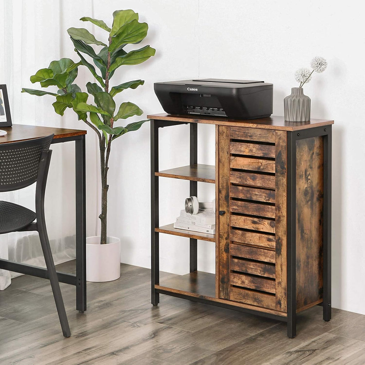 Rustic Brown and Black Storage Cabinet with 3 Open Shelves and Closed Compartments T4685