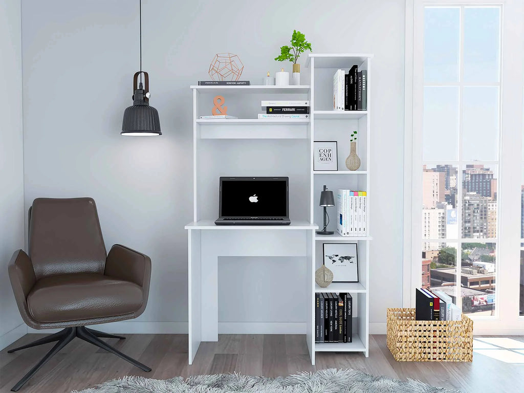 6-Shelf White Writing Desk with Bookcase I1265