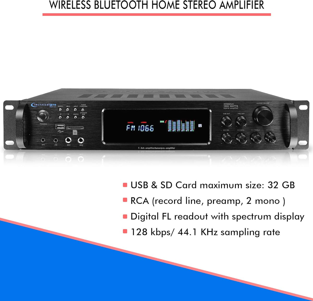 1500 Watt Bluetooth Home Stereo Amplifier with USB and SD Inputs B433