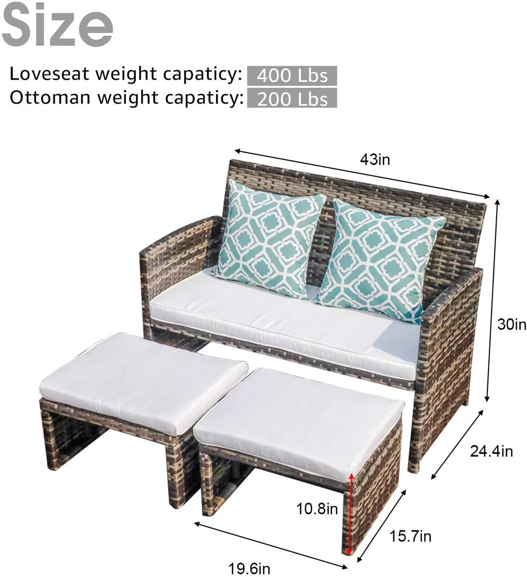 Grey Wicker Rattan Outdoor Loveseat with White Cushions P4654