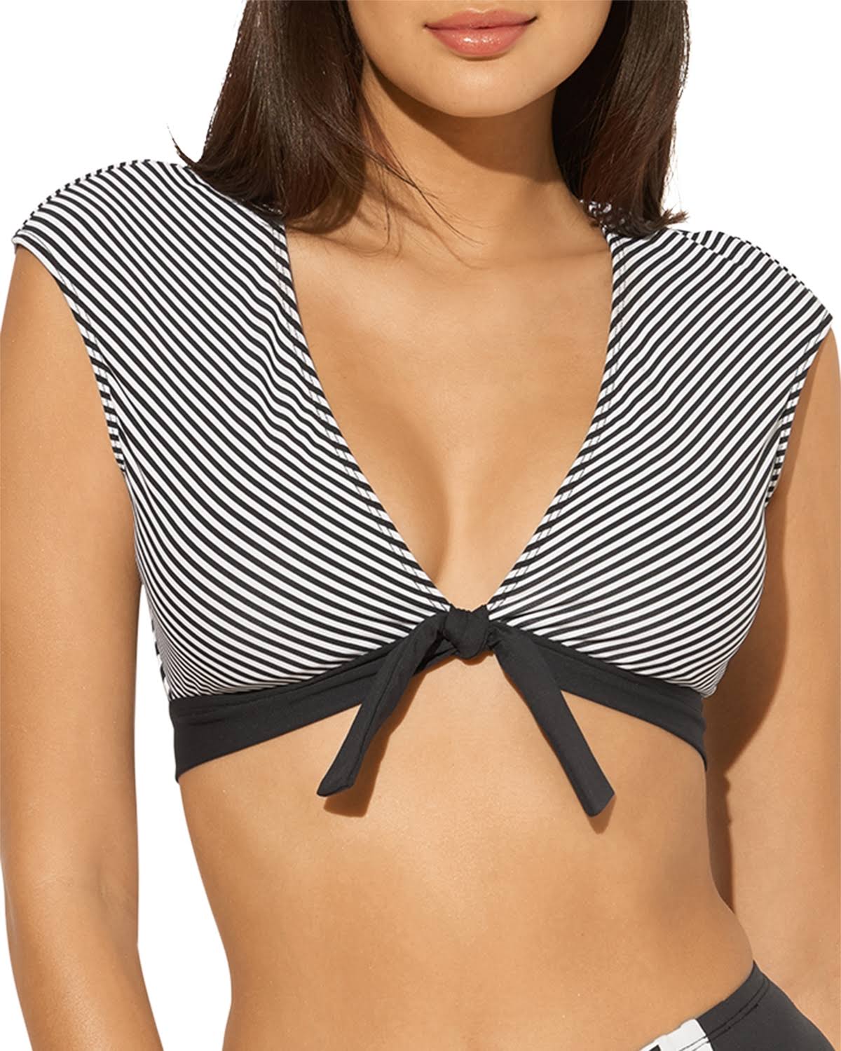 Black Tie Front Cap Sleeve Swim Top Y573