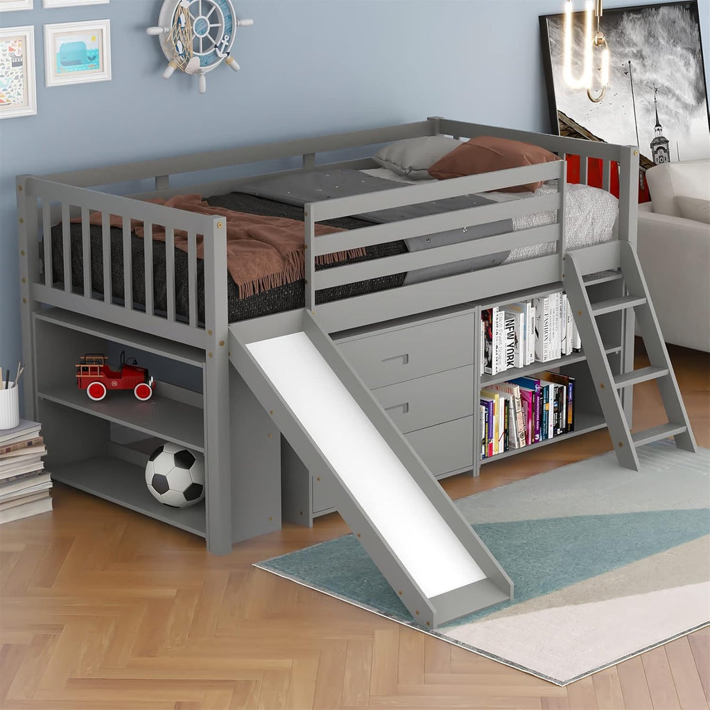 White Twin Loft Bed with Slide and Storage K785682