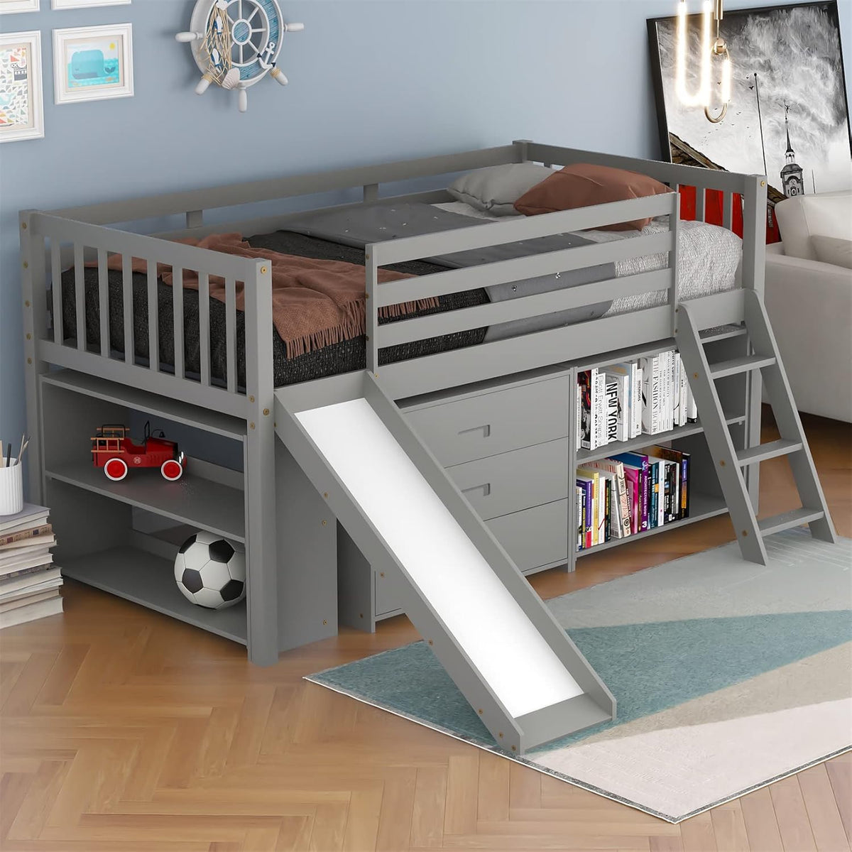 White Twin Loft Bed with Slide and Storage K785682