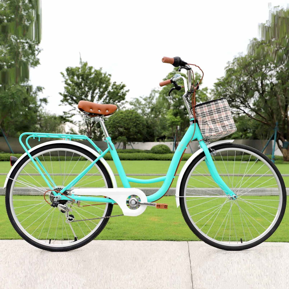 24 Inch 7 Speed Step Through Comfort Cruiser Bike with Basket Mint Green W26067