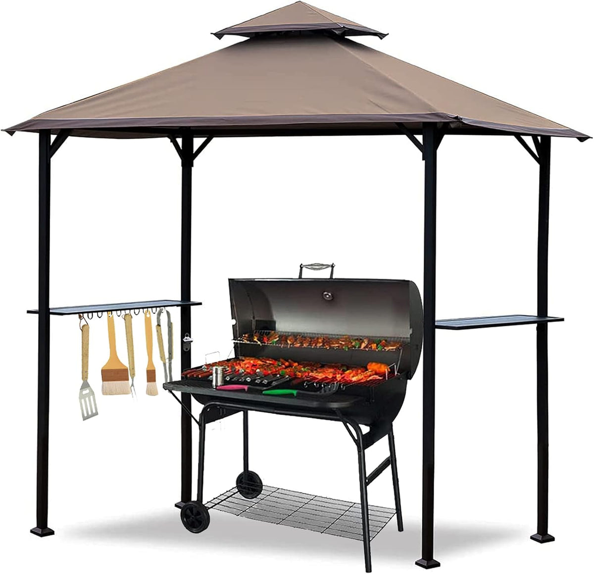 Gray 8'x 5' Double Tiered Outdoor BBQ Canopy with LED Light R361