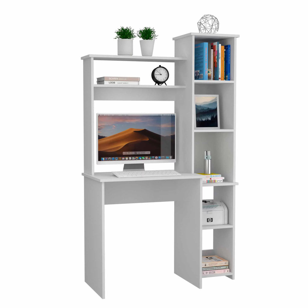 6-Shelf White Writing Desk with Bookcase I1265