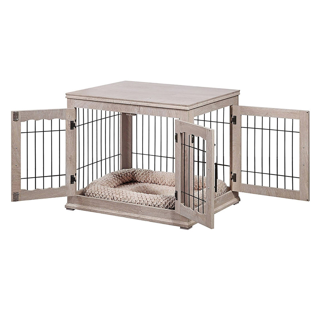 Wooden End Table with Wire Dog Kennel in Weathered Gray, Medium I192