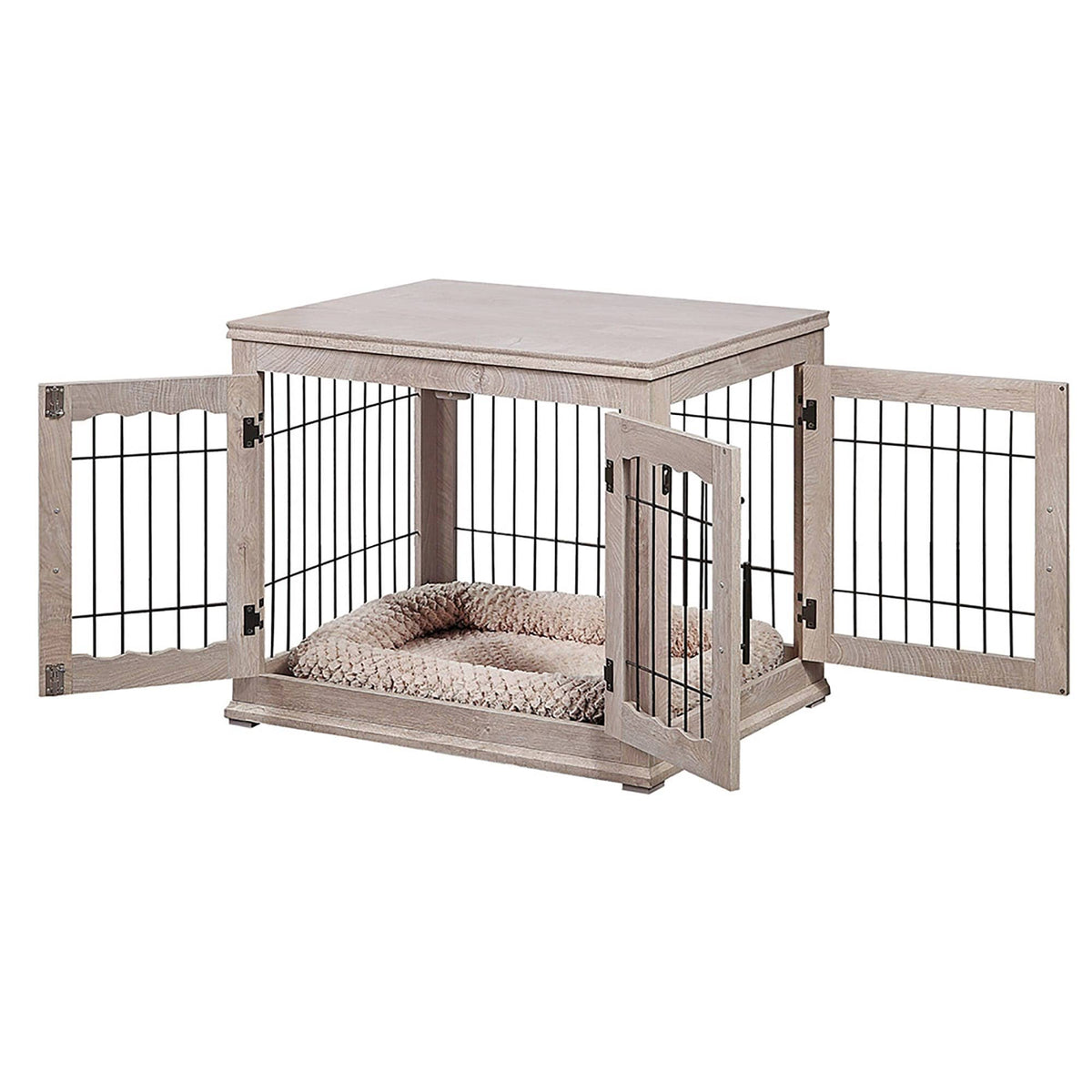 Wooden End Table with Wire Dog Kennel in Weathered Gray, Medium I192