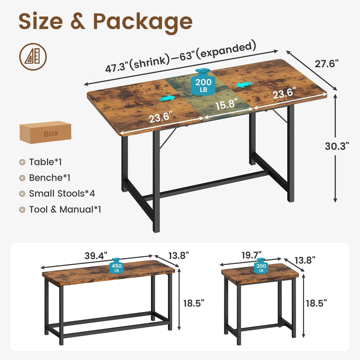 63" Extendable Dining Table Set with Stools Q56193