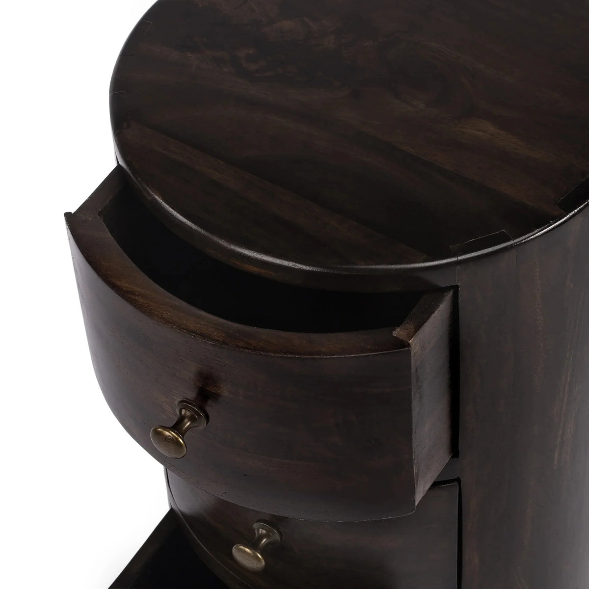 24 in. Chocolate Wood Round End Table with Four Drawers R674557