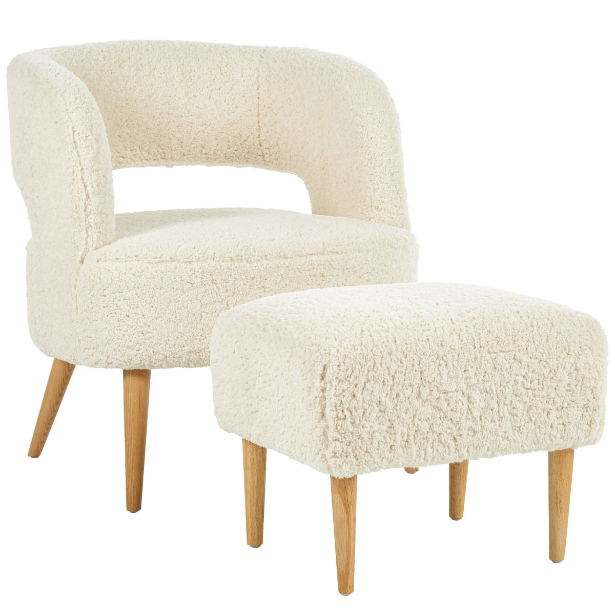 Beige Teddy Fleece Accent Chair with Ottoman and Wooden Legs G213615
