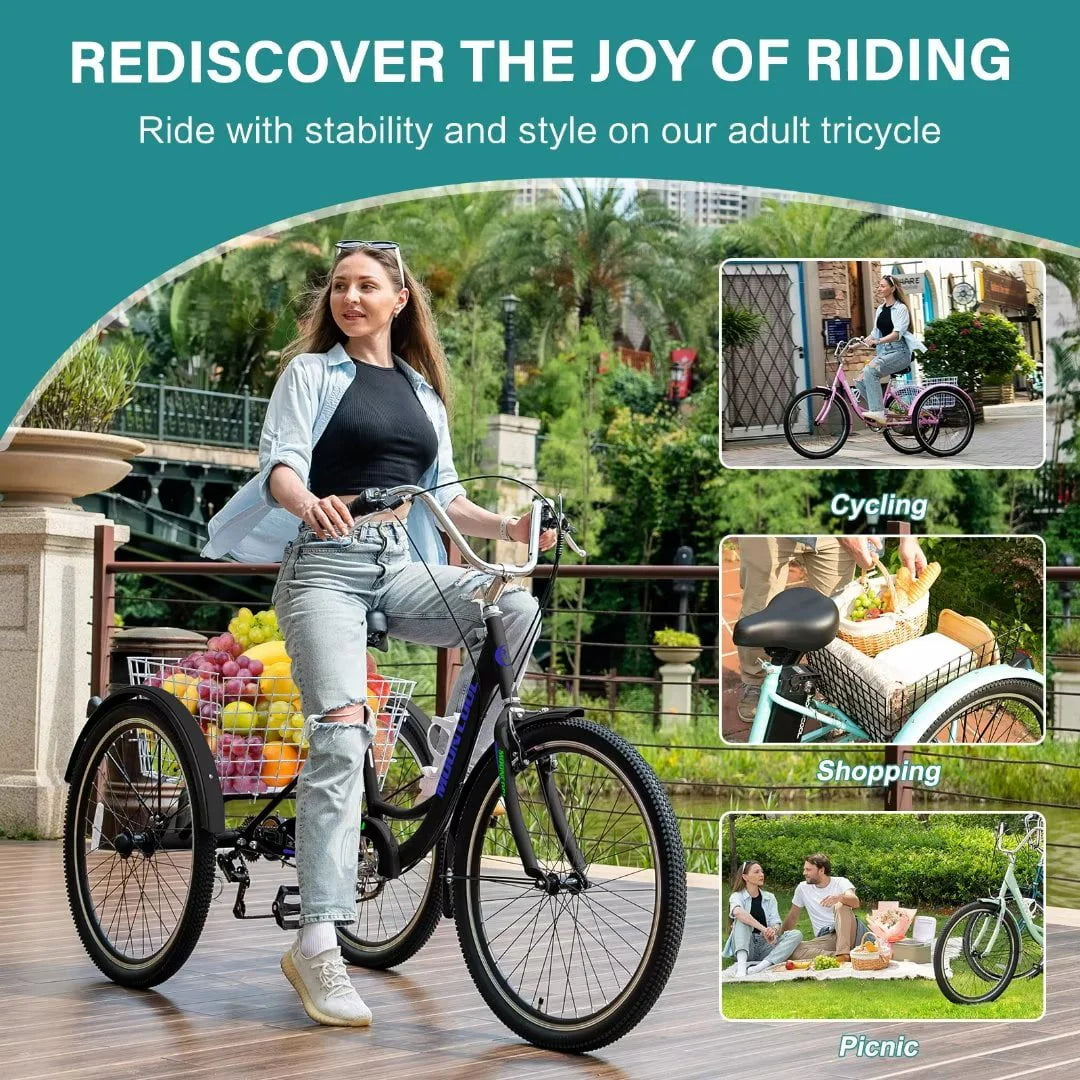Adult Tricycle 24inch Adjustable Seat with Bell Brake System and Basket M6876