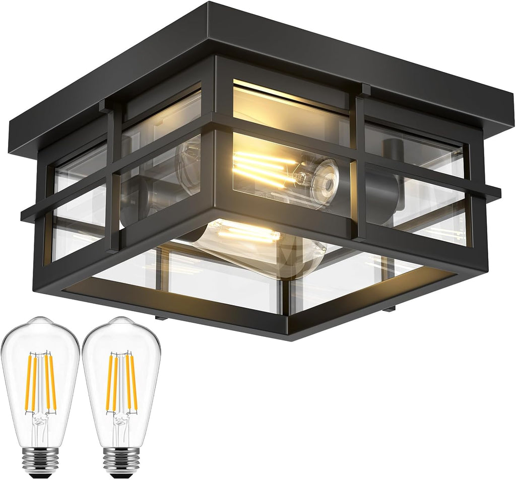 2-Light Black Flush Mount Ceiling Light Fixtures with Clear Glass Shade A34719