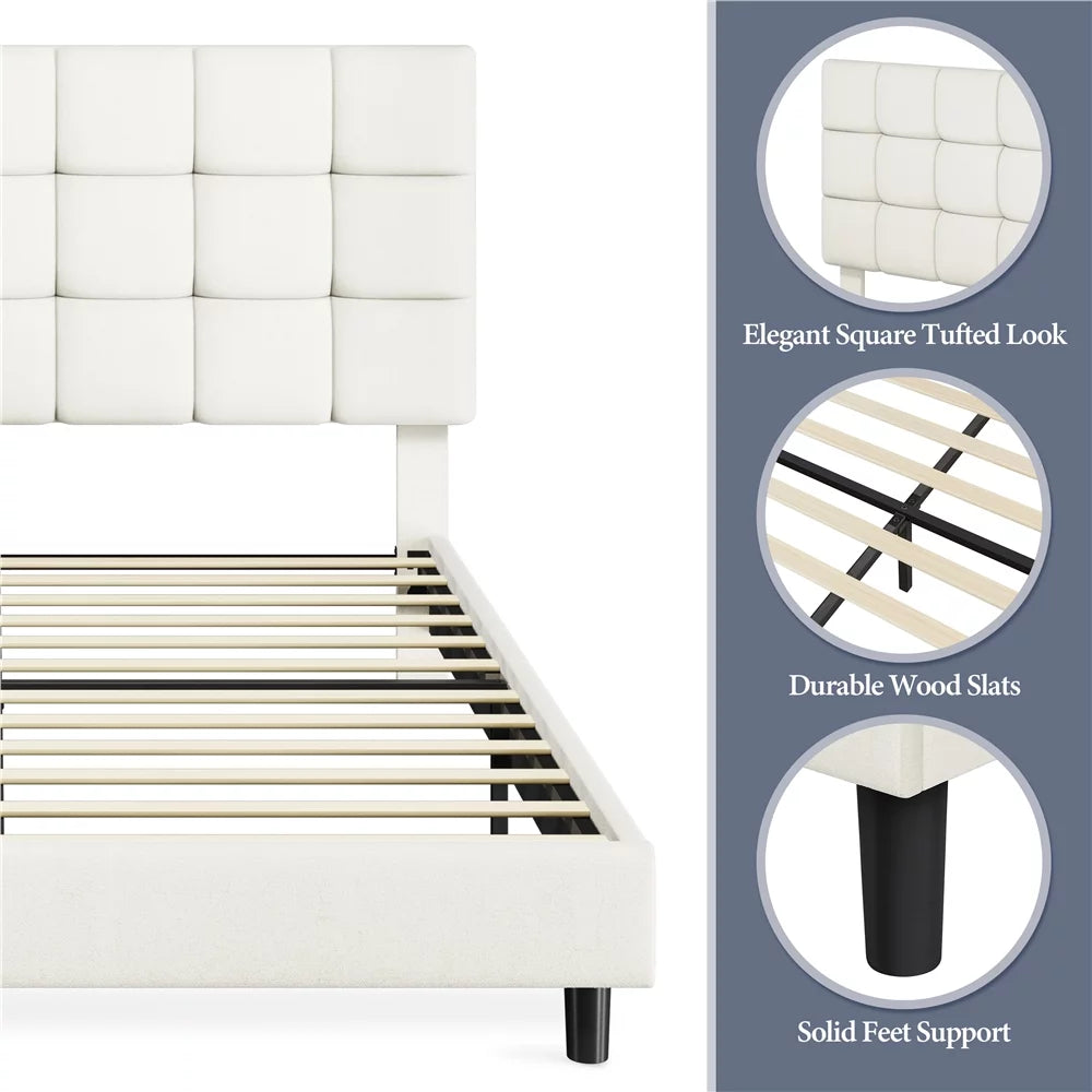 Queen Size Beige Upholstered Platform Bed Q29114