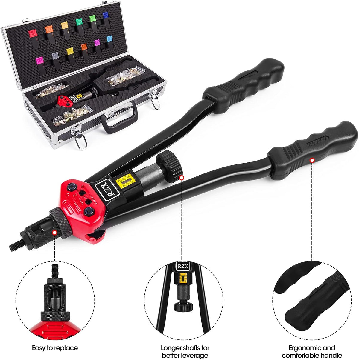 16" Hand Blind Riveter with 115PCS Rivets Nuts with Aluminum Carrying Case I741