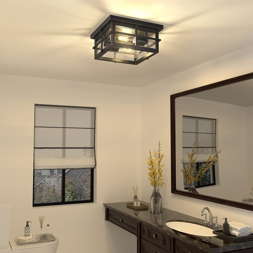 2-Light Black Flush Mount Ceiling Light Fixtures with Clear Glass Shade A34719