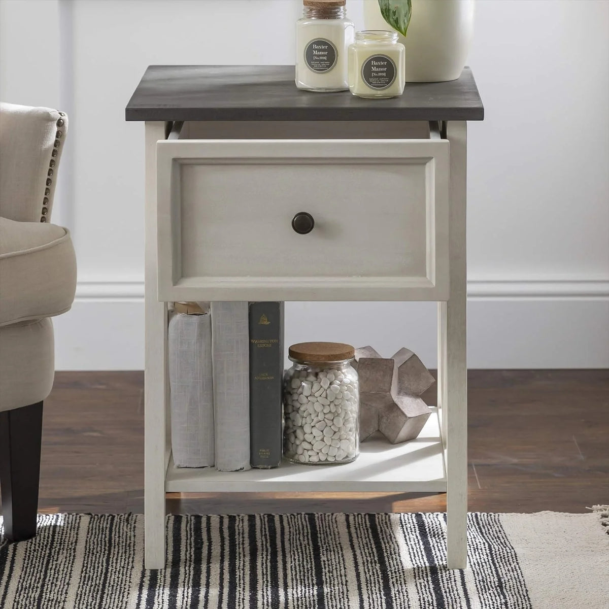 1 Drawer Wood Square Side Table, 19 Inch, Grey And White K26996