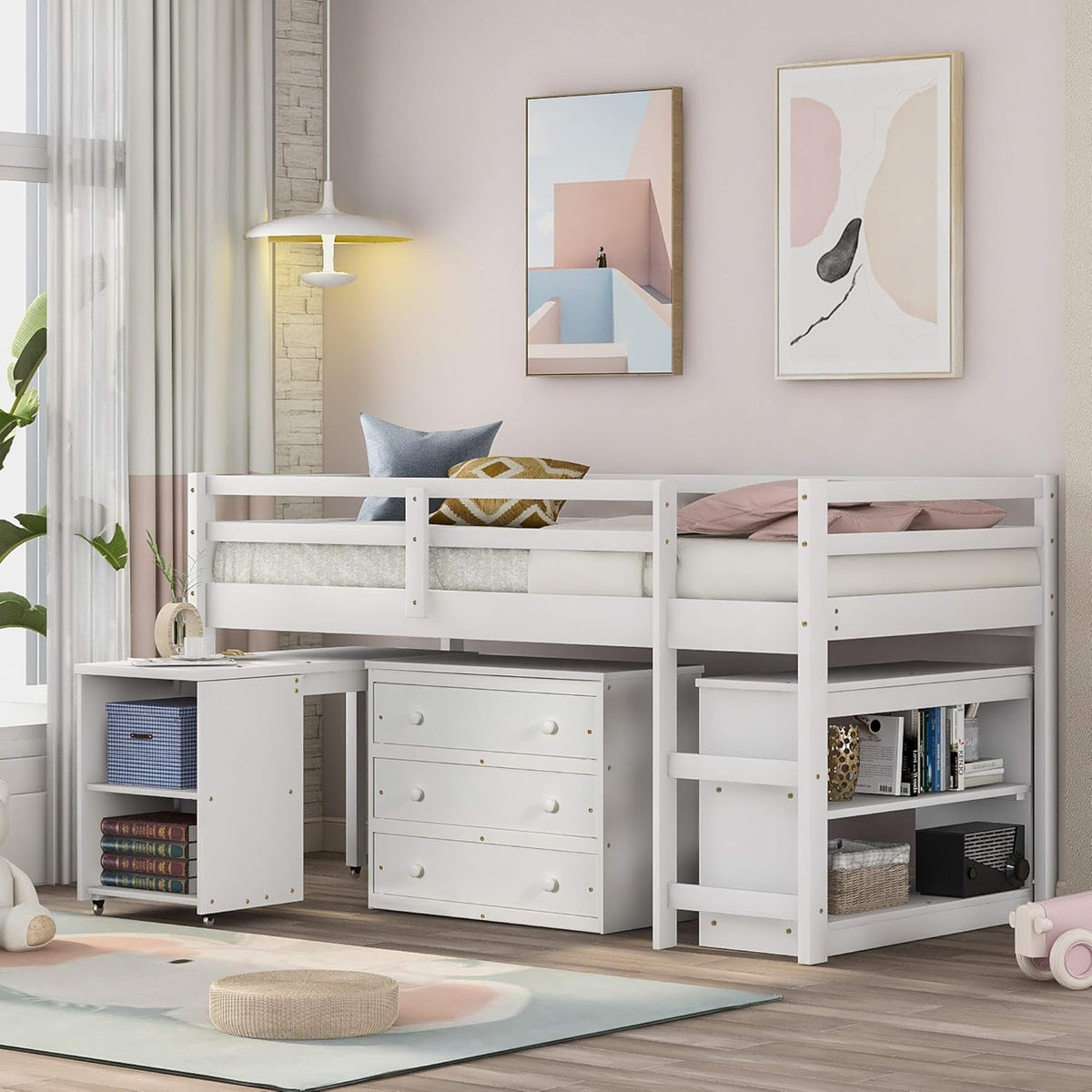 White Twin Loft Bed with Slide and Storage K785682