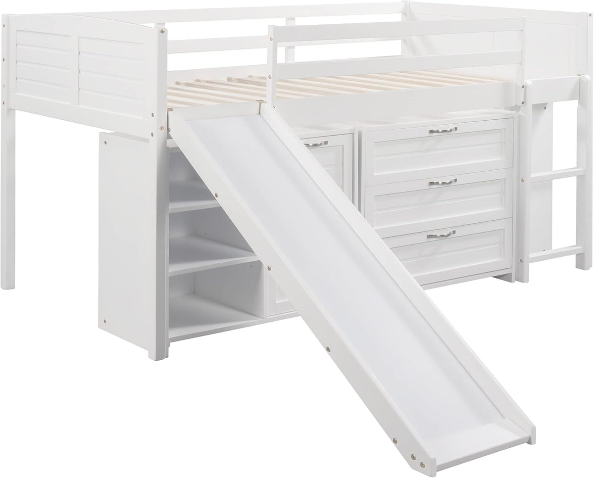 White Twin Low Loft Bed with Slide Storage Cabinets Drawers Shelves K87283