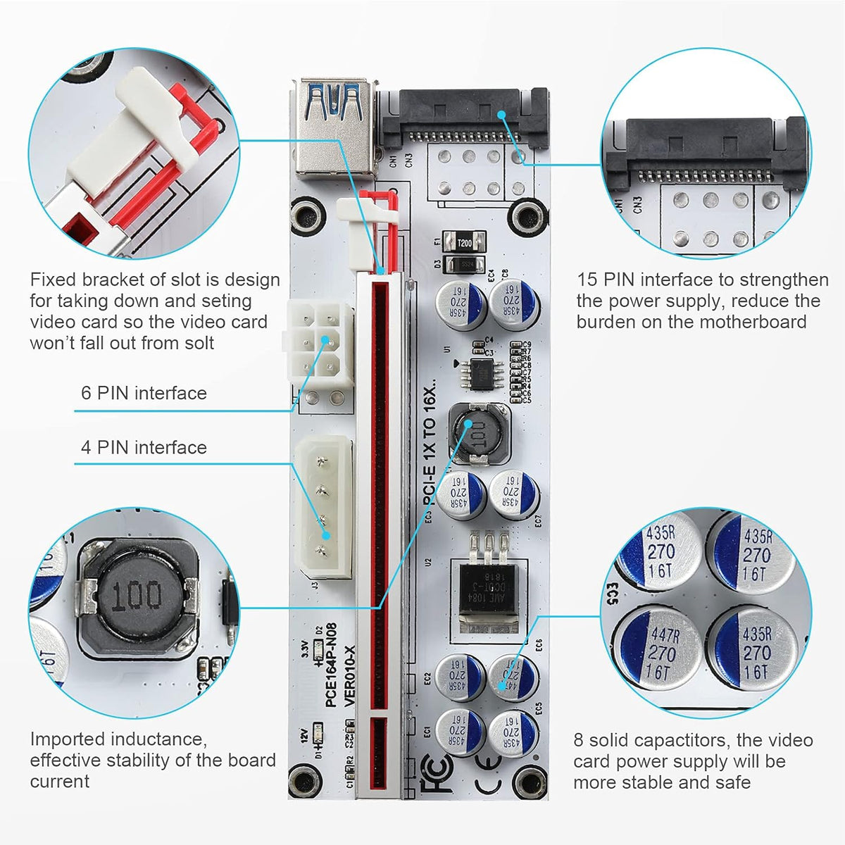 PCI-E 1X to 16X Riser Card with 24in USB 3.0 Extension Cable W170102