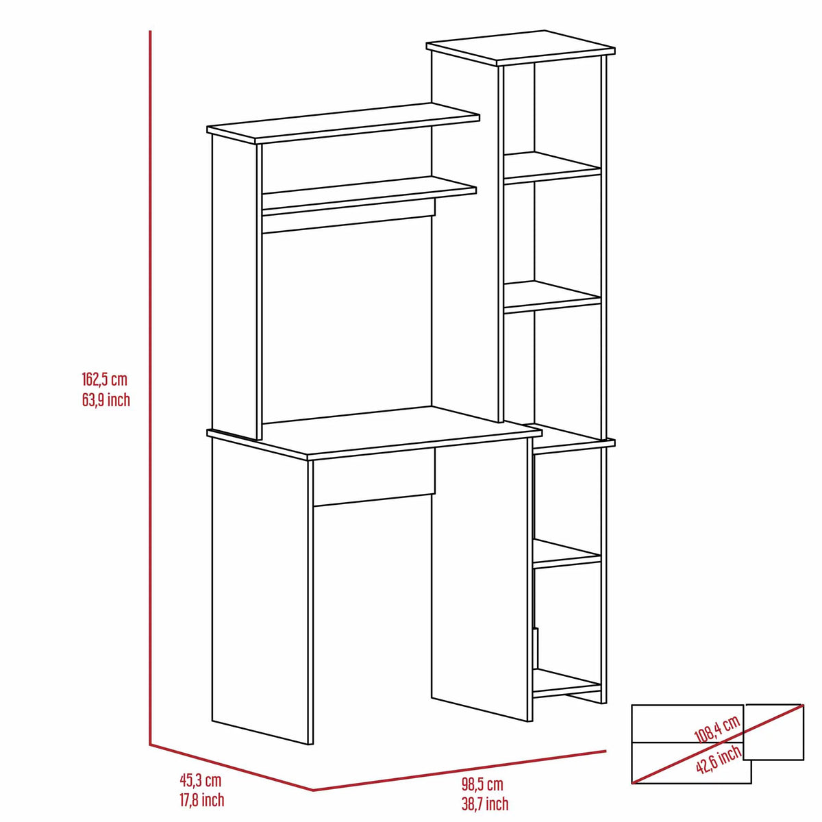 6-Shelf White Writing Desk with Bookcase I1265