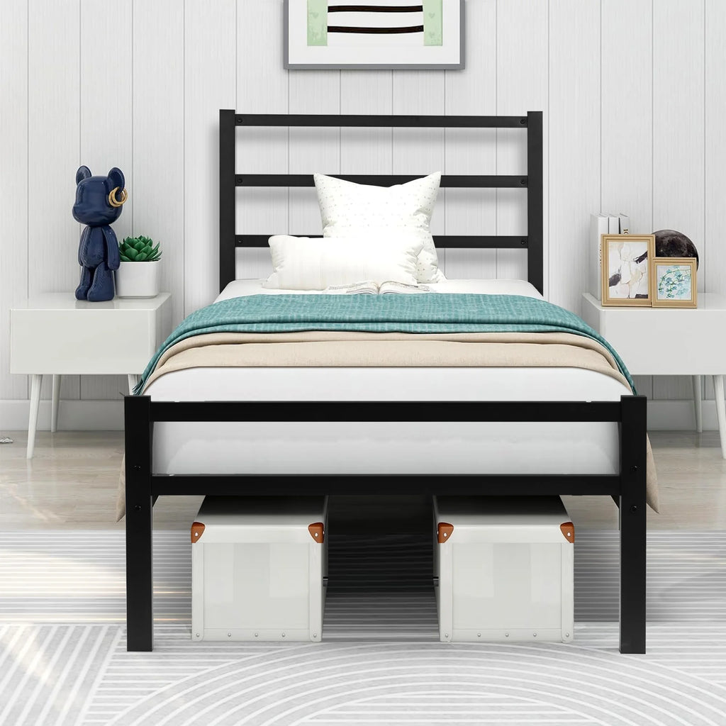 Black Twin Size Platform Bed Frame with Wood Headboard T37236