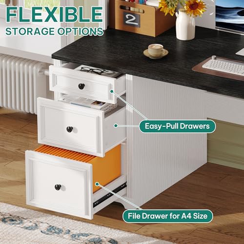 White & Black Executive Desk with Hutch and Drawers, Power Outlet & LED Lights, Storage Shelves, Storage Cabinet with Glass Door X623654