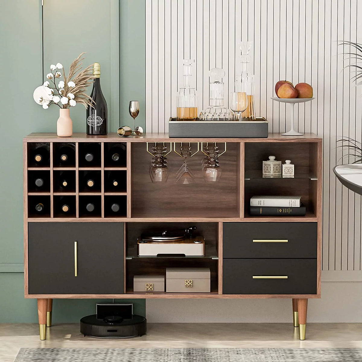 47 Inch Walnut Black Kitchen Sideboard Buffet Storage Cabinet with Wine Rack O22053