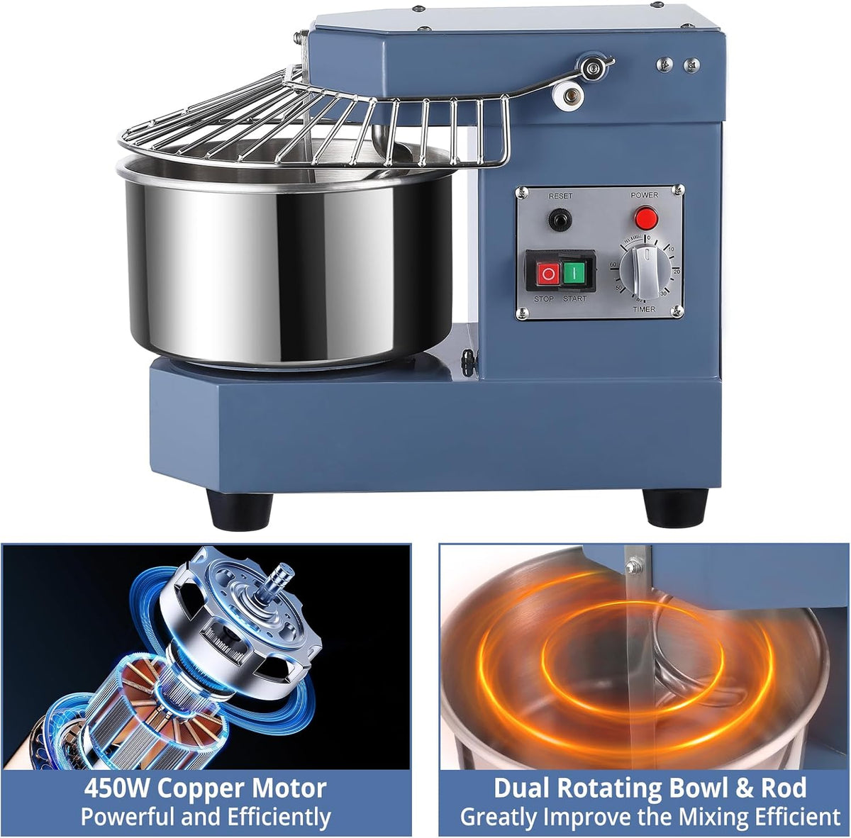 8.5Qt 450W Dual Rotating Dough Mixer with Stainless Steel Bowl B155957