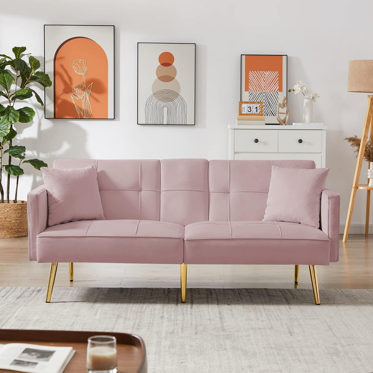 Pink Velvet Convertible Futon Loveseat Sofa Bed with 2 Cup Holders F77666