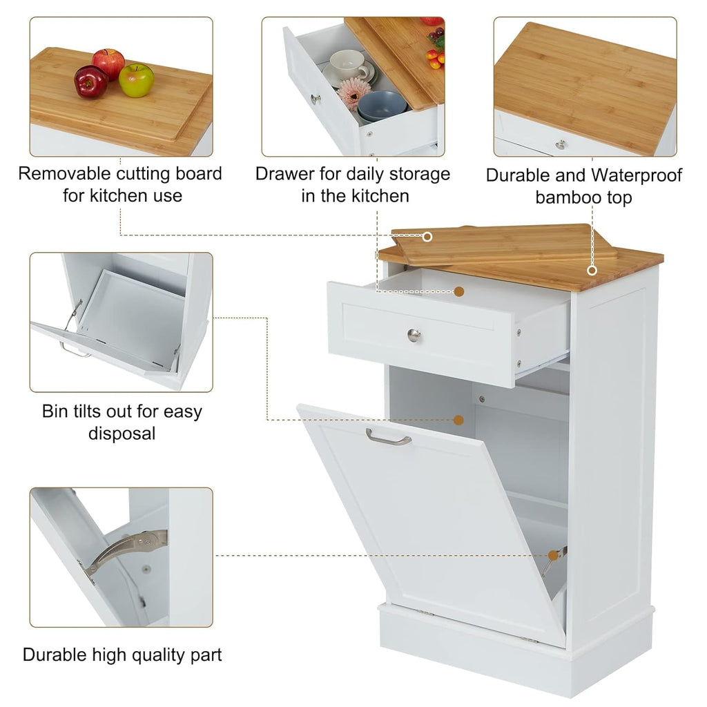 White Wooden Tilt Out Trash Cabinet with Hideaway Drawer and Removable Bamboo Cutting Board F5623
