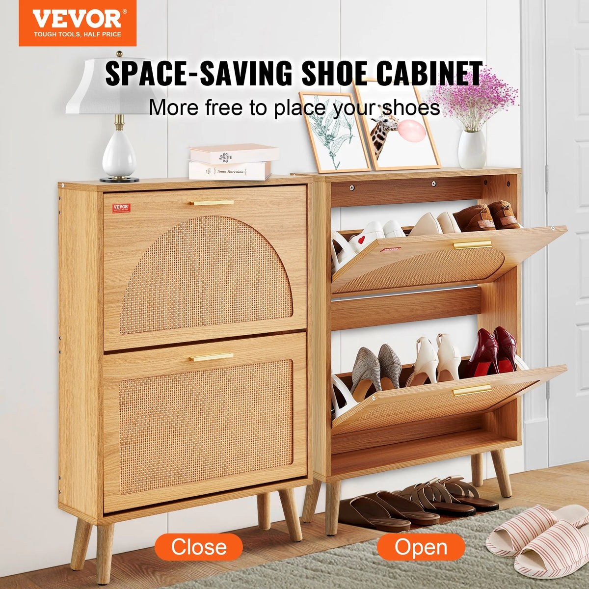 Shoe Cabinet with 2 Flip Drawers Rattan Shoe Storage Cabinet J59229