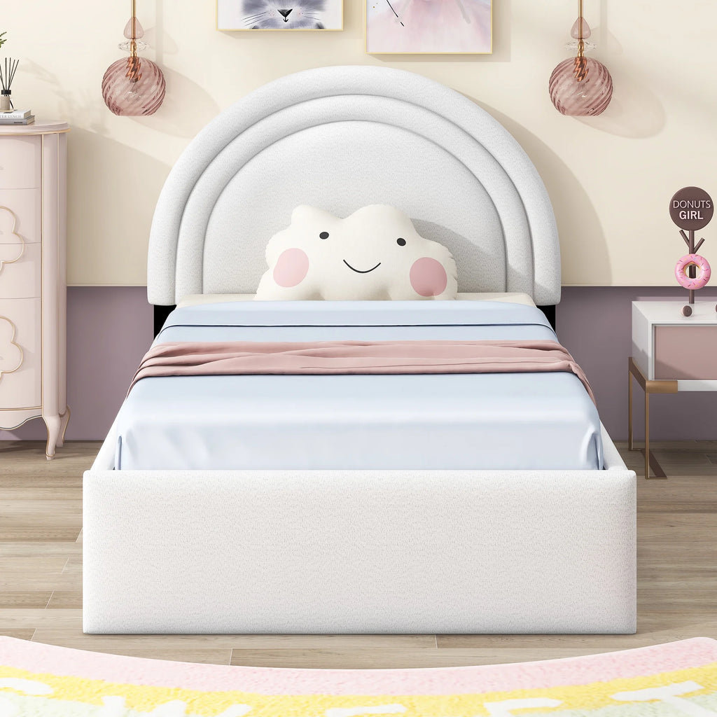 White Twin Upholstered Platform Bed with Four Drawers J800