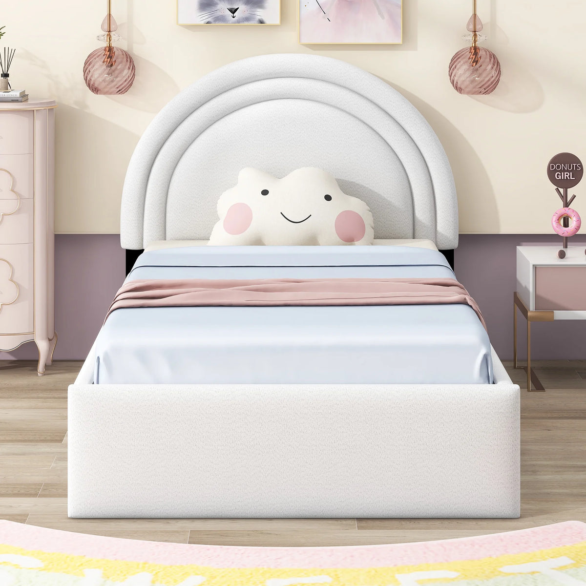White Twin Upholstered Platform Bed with Four Drawers J800