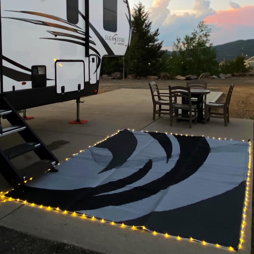 LED Illuminated Patio Mat 8-Feet x 18-Feet Black/White/Grey RV Camping Mat L77560