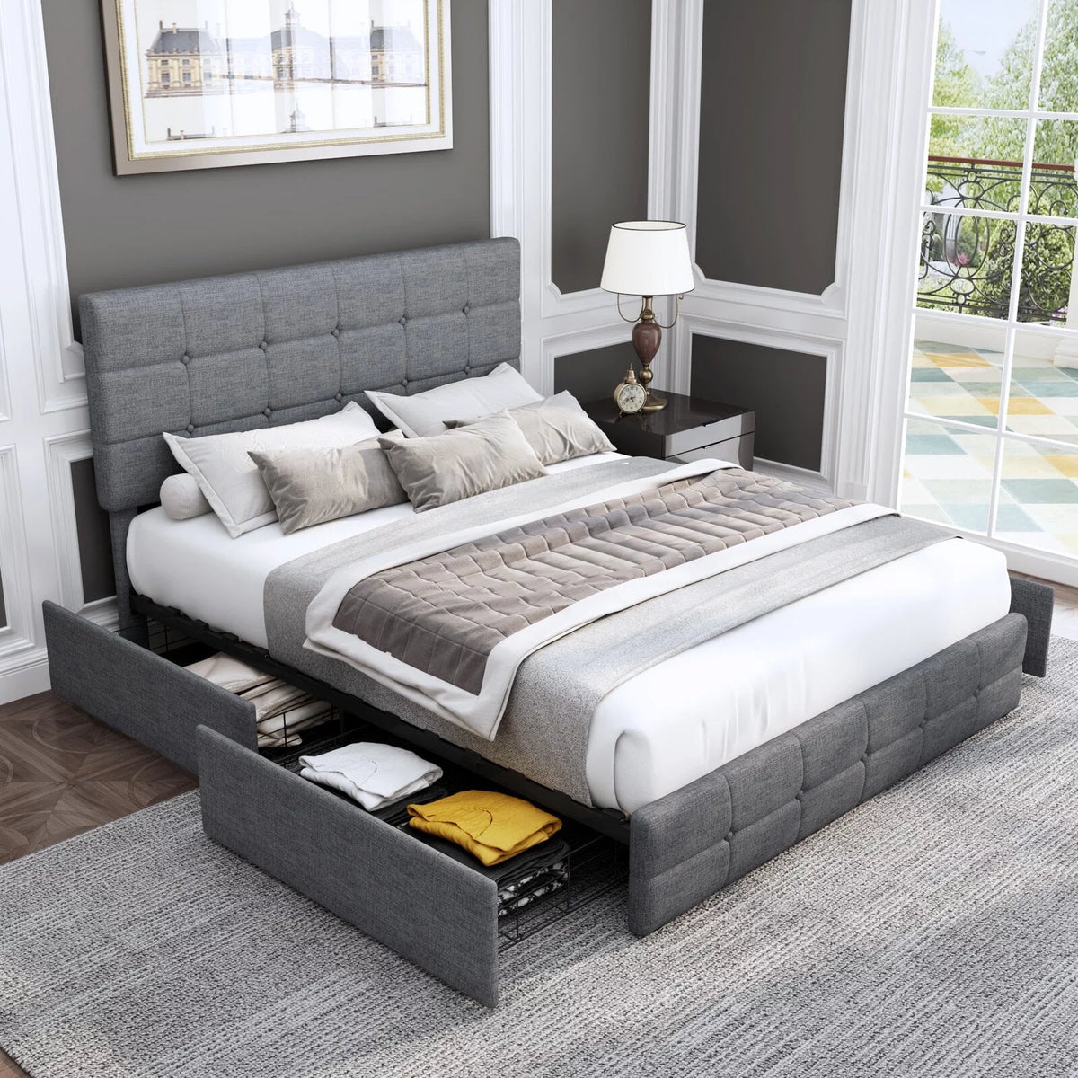 Queen Size 4 Drawer Upholstered Platform Bed with Adjustable Headboard M717
