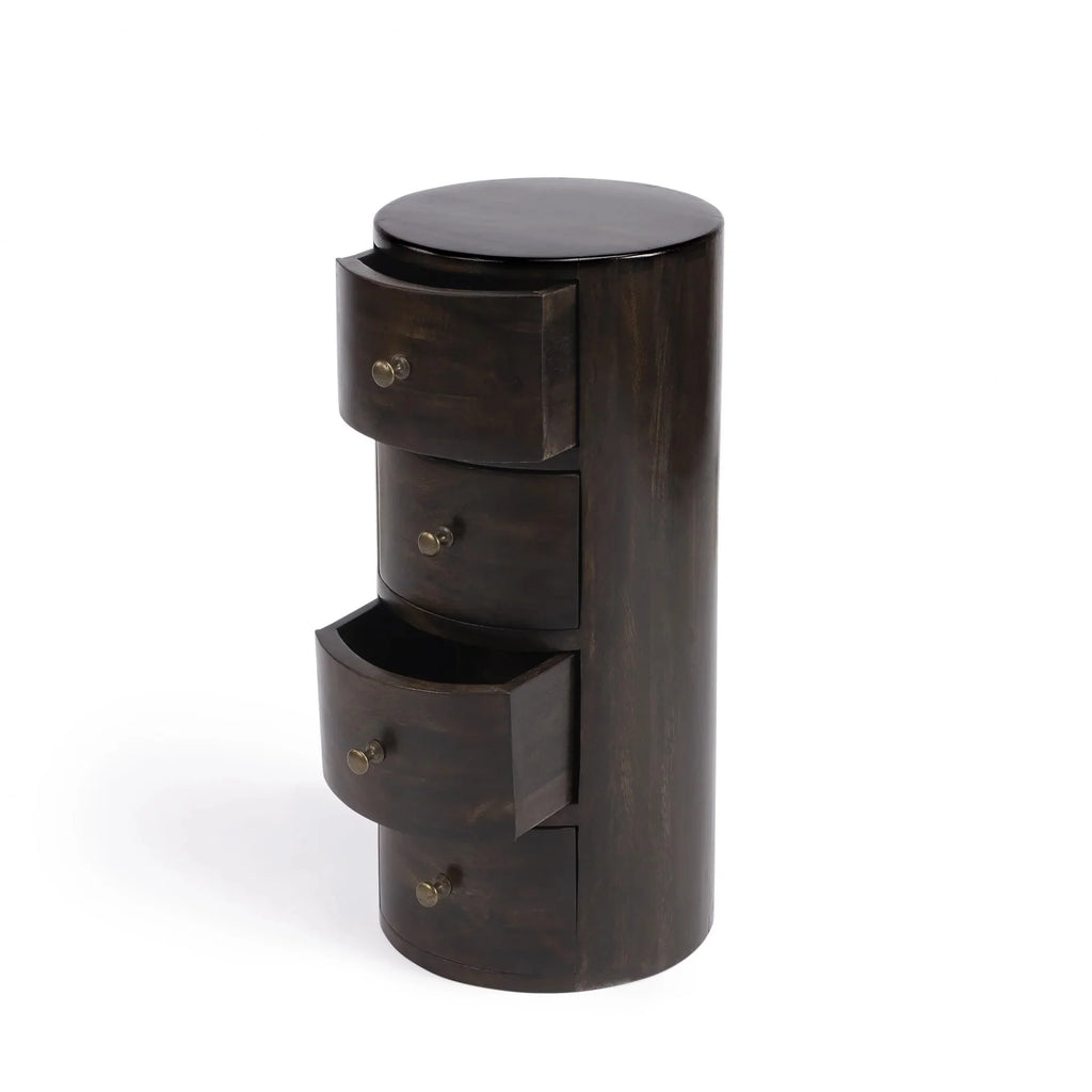 24 in. Chocolate Wood Round End Table with Four Drawers R674557