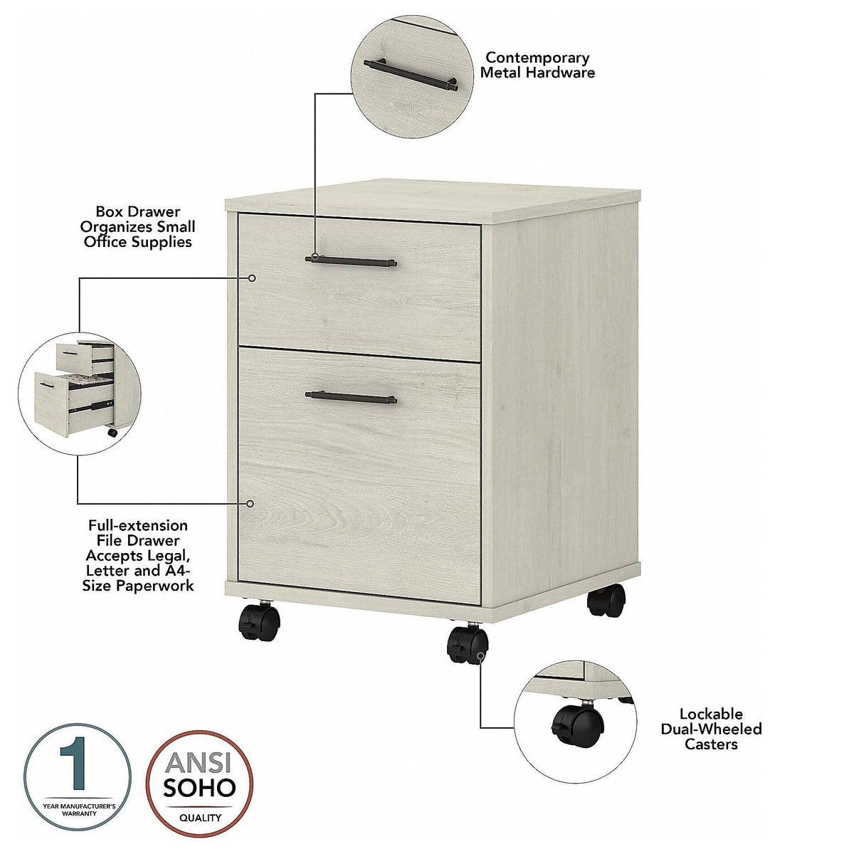 Linen White Oak L-Shaped Desk with 2-Drawer Mobile File Cabinet K762