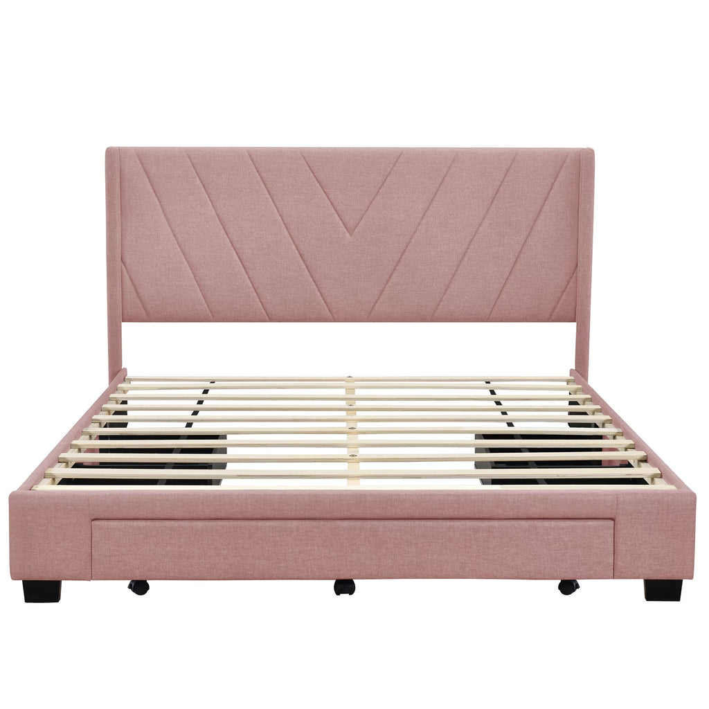 Queen Size Pink Linen Upholstered Platform Bed with 3 Storage Drawers K842
