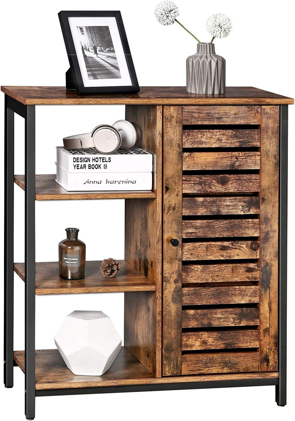 Rustic Brown and Black Storage Cabinet with 3 Open Shelves and Closed Compartments T4685