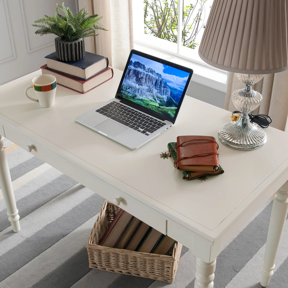 Cottage White Writing Desk with Center Keyboard Drawer Y416912