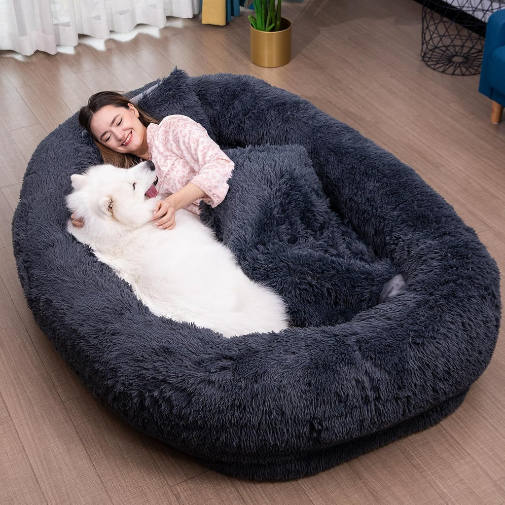 75"x48"x14" Dark Grey Faux Fur Human Size Dog Bed V742