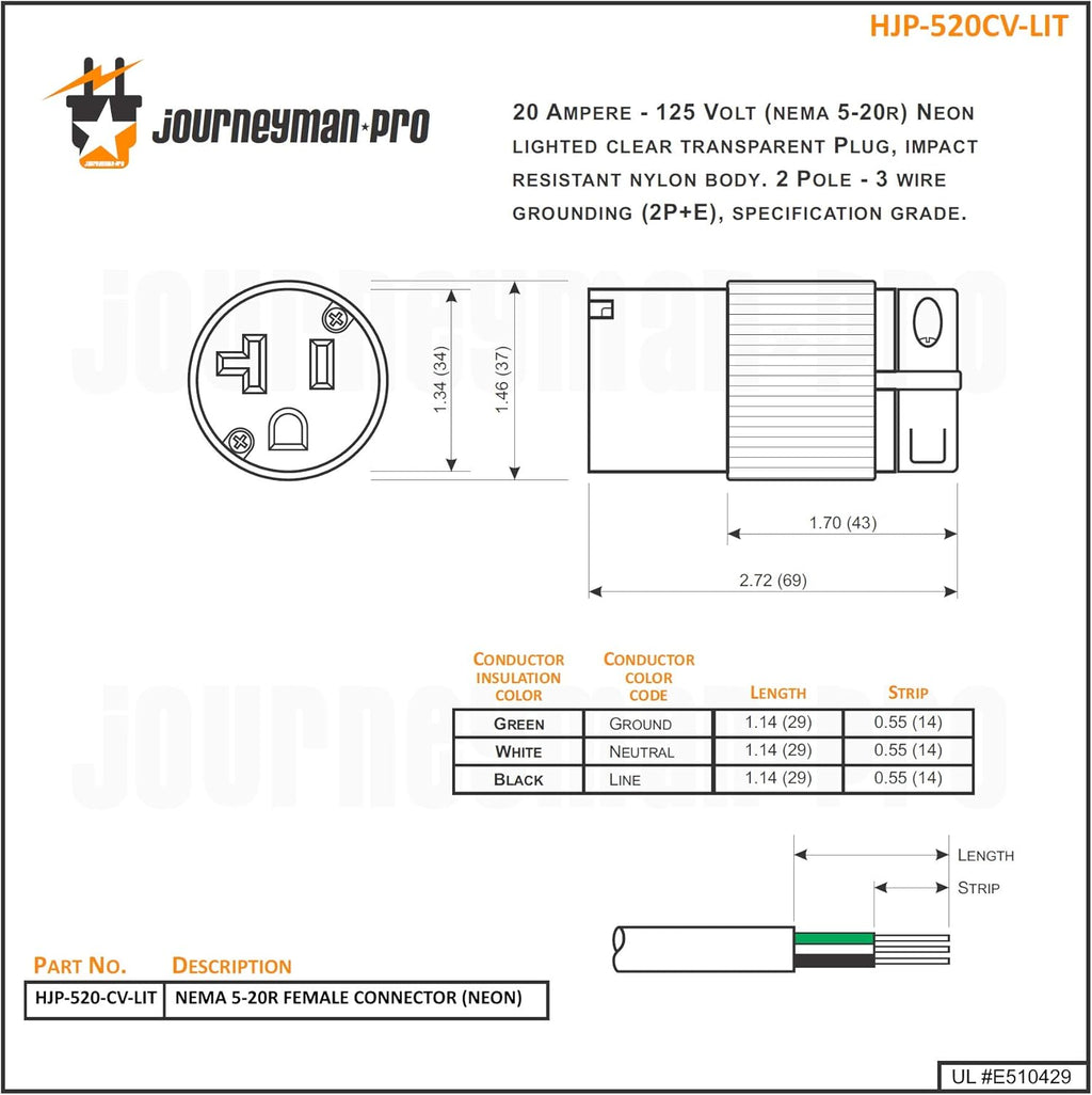 Lighted 20 Amp 120-125 Volt NEMA 5-20R Straight Blade Female Plug Connector Outlet, PVC, 10-PACK U879571