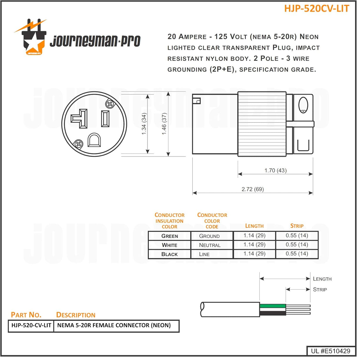 Lighted 20 Amp 120-125 Volt NEMA 5-20R Straight Blade Female Plug Connector Outlet, PVC, 10-PACK U879571