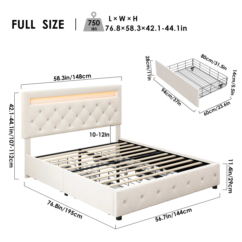 Full LED Bed Frame with 4 Storage Drawer F852