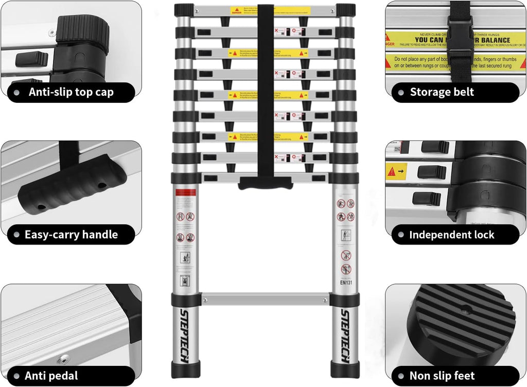 Telescoping Ladder 8.5 ft Aluminum Anti-Pinch Collapsible Ladder C4562