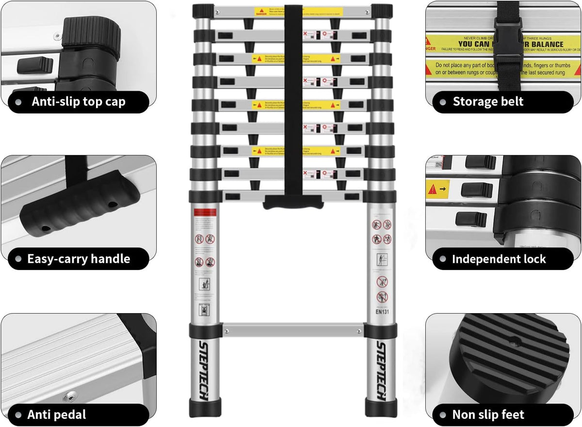 Telescoping Ladder 8.5 ft Aluminum Anti-Pinch Collapsible Ladder C4562