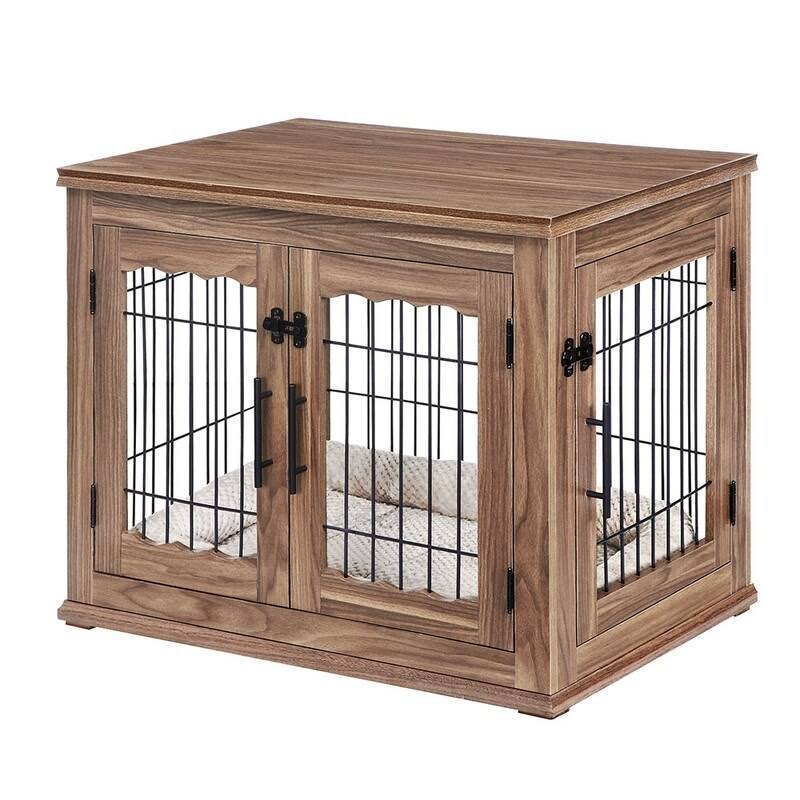 Wooden End Table with Wire Dog Kennel in Weathered Gray, Medium I192