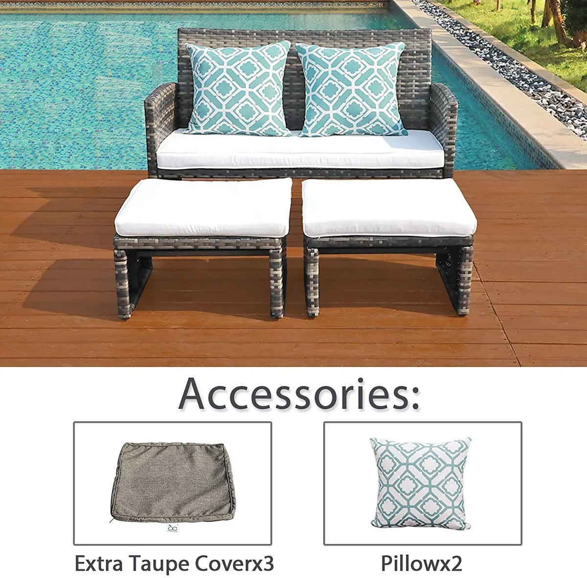 Grey Wicker Rattan Outdoor Loveseat with White Cushions P4654
