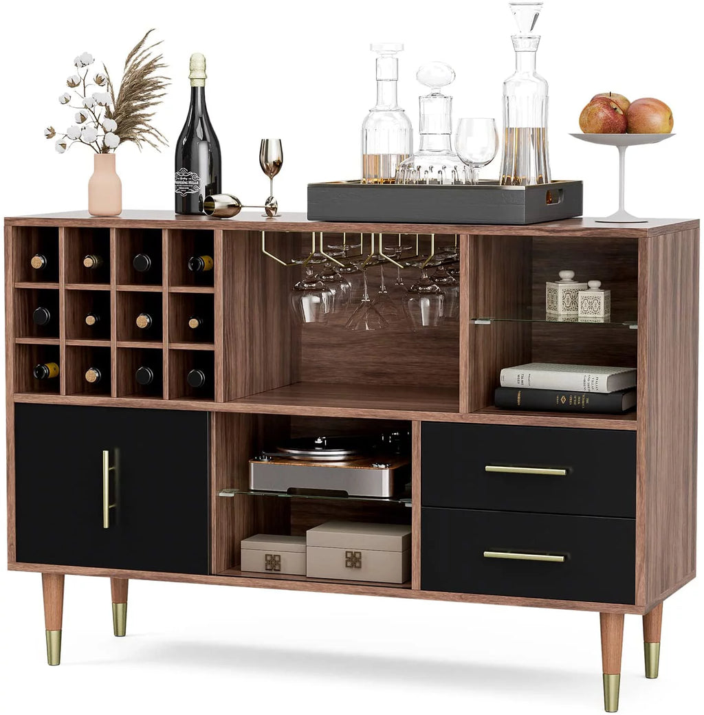 47 Inch Walnut Black Kitchen Sideboard Buffet Storage Cabinet with Wine Rack O22053